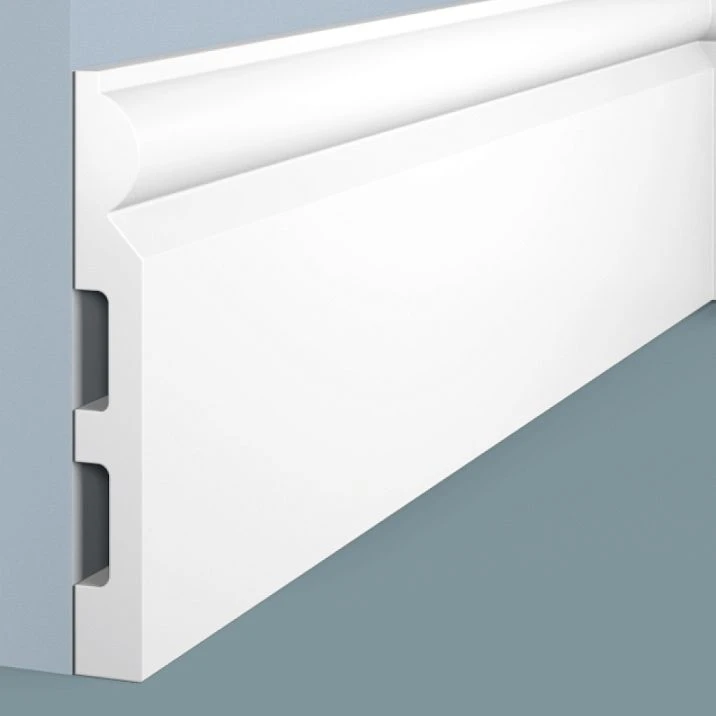 B140 floor skirting board from HI WOOD polystyrene, absolutely record-breaking maximum height of 140 mm and thickness of 17.5 mm, close-up