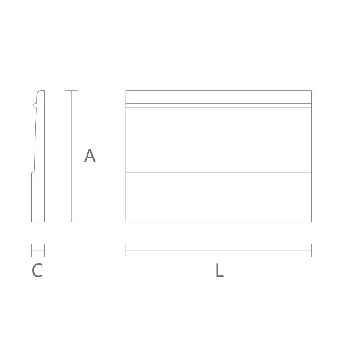 Drawing with dimensions of baseboard PLT-003: height, width, and profile