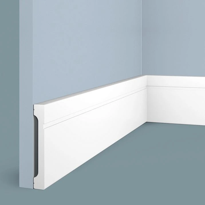 Floor skirting board B110V1L from polystyrene HI WOOD, record height 110 mm and thickness 16 mm, with maximally rich, refined decorative profile relief