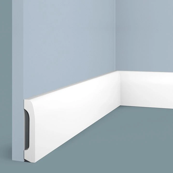 Polystyrene floor skirting board B70V2 HI WOOD, height 69 mm, thickness 14 mm, decorative relief, white color
