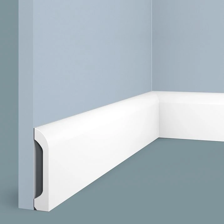 Floor skirting board B98V1 made of HI WOOD polystyrene, 98 mm high and increased thickness of 19.5 mm, with smooth minimalist white surface