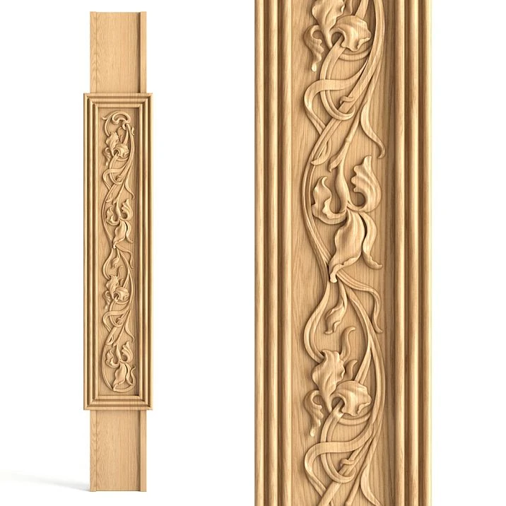Flat wooden baluster L-093.1 with carved iris pattern