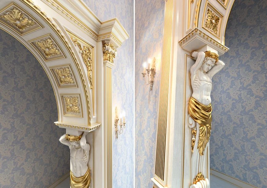 Arched door portal PRT-004 with coffered filling and gilded elements