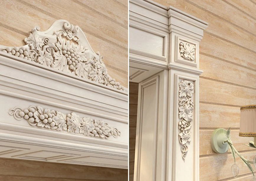 Carved details of portal PRT-016 &mdash; grape clusters and oak leaves