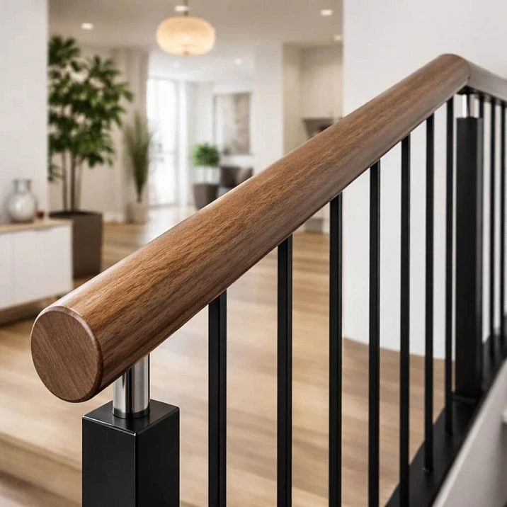 PR-004 round wooden handrail for stairs, comfortable grip and safe ascent in the home