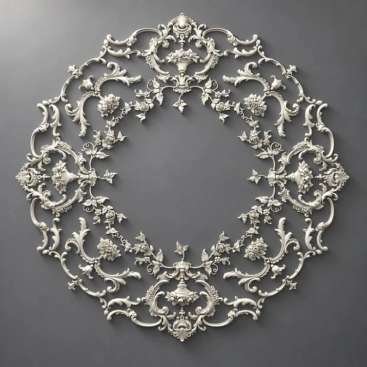 Stucco decoration CPU-066 made of polyurethane, 1345&times;1345&times;19 mm, with baroque floral ornament