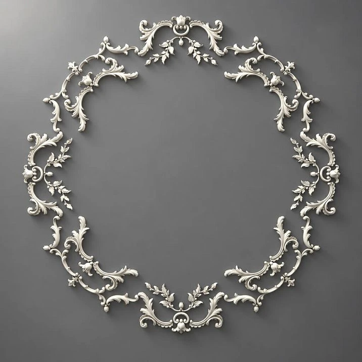 Oval stucco decoration CPU-068 made of polyurethane, 1325&times;1325&times;18 mm, with elegant rococo-style floral ornament