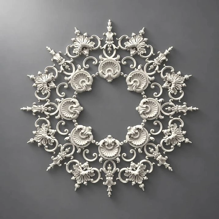 Star-shaped stucco decoration CPU-070 made of polyurethane, 765&times;765&times;18 mm, with eight-ray composition and fan-shaped elements