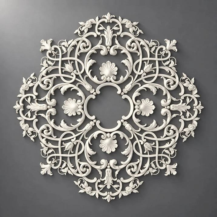Ceiling rosette RPU.VRS-001 made of polyurethane with roses, leaves, and openwork volutes