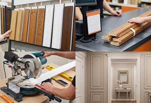 door frame trims of various shapes and colors at a finishing materials store