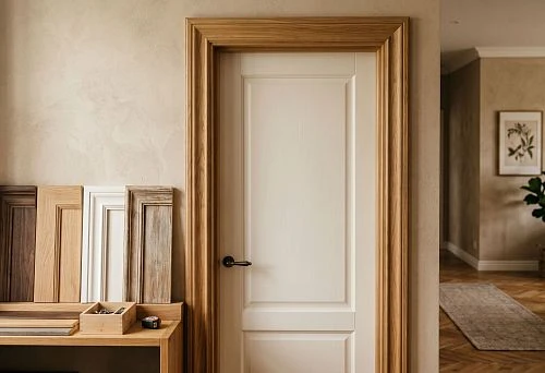 Wooden trim for an interior door in a bright apartment interior
