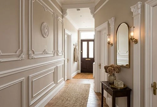 Polyurethane wall decor for the hallway and corridor with moldings, frames, and stucco elements