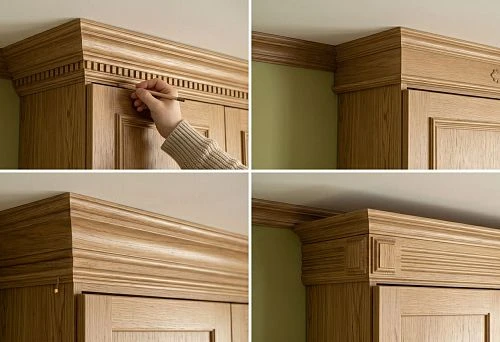 Wooden cornice for closing the gap between the cabinet and the ceiling