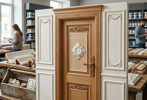 Door decor with wooden casings, handles and polyurethane moldings