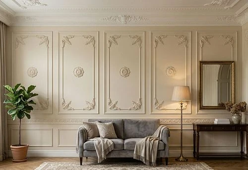 Stucco decor for a home photo zone with polyurethane moldings and decorative elements on the wall
