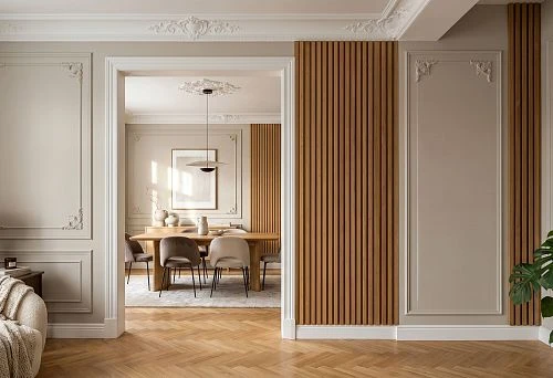 Stucco decor and wooden slats around the doorway to frame the transition between rooms