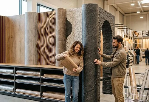 Flexible wall panels in a showroom for selecting wall, column, and arch finishes