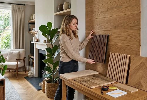 Wall finishing with wooden panels: selection of panel samples by material, format and texture in the interior