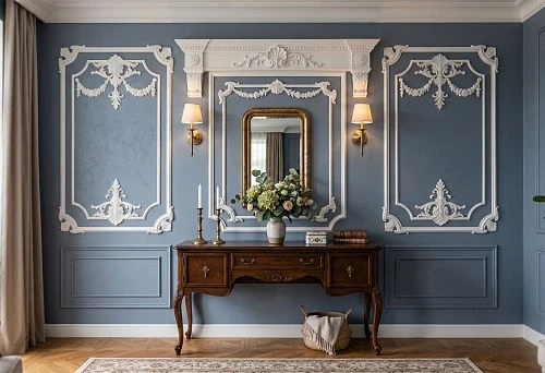 Stucco decor for a wall with a console in the interior