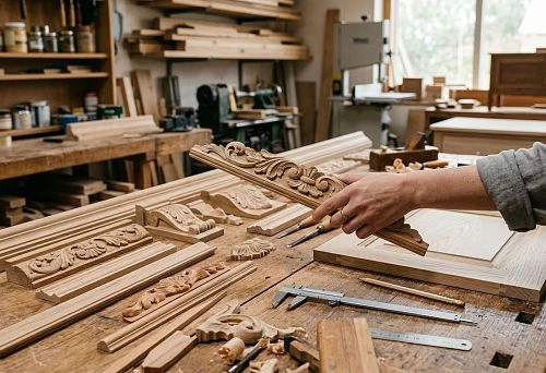 Decorative wooden moldings for furniture on a table in the workshop before installation on a furniture facade