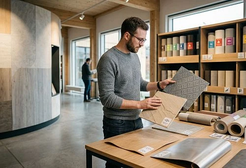 Choosing flexible panels in a showroom with comparison of textures, materials, and cost