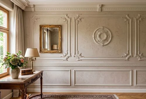 Stucco decor and decorative plaster on the wall with polyurethane moldings