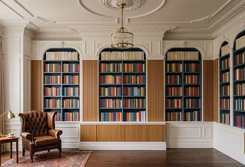 Stucco decor and wooden slats in a home library interior