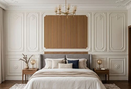 Stucco decor and wooden slats at the headboard in a bedroom
