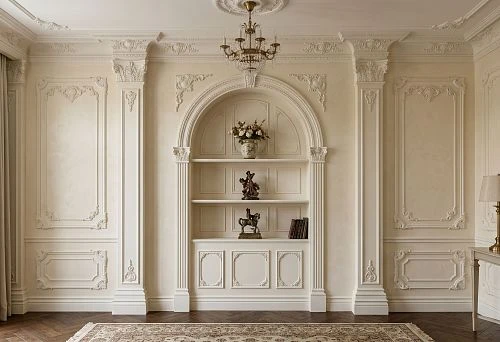 Molded decor for niches, ledges, and wall piers with polyurethane moldings and decorative elements