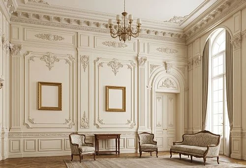 Molded decor for high walls with polyurethane moldings, pilasters, and decorative elements