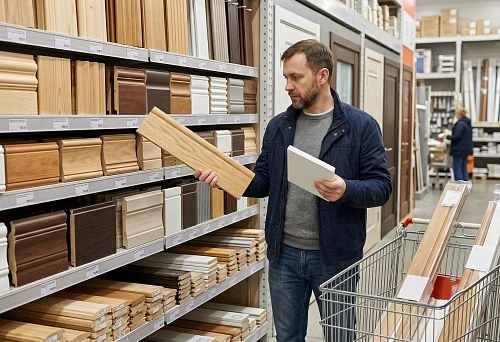 The customer selects architraves for interior doors by material and size in the store
