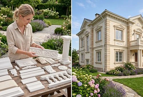 Woman chooses facade decor and decorative elements for a classic house design