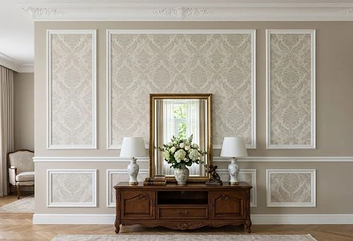 Moldings and wallpaper on the wall with polyurethane stucco decor in a classic interior