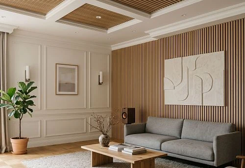 Wooden slats and stucco decor for acoustic wall and ceiling treatment