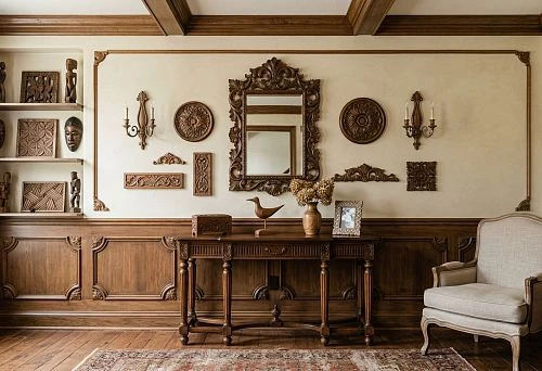 Decorative wooden elements on the wall in a classic interior