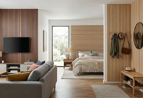 Slat panels on the wall in the interior of the living room, bedroom, and hallway