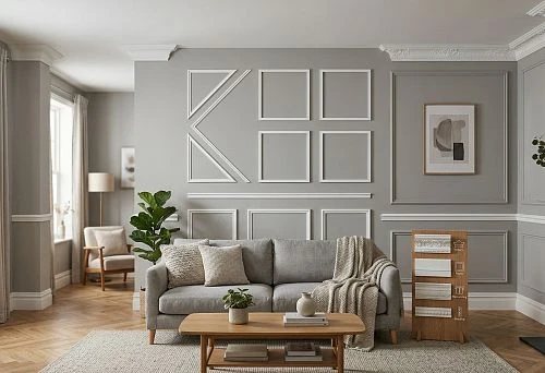 Wall moldings in a living room interior with decorative light gray walls