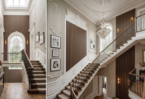 Moulded decor and wooden slats for a staircase hall with high walls