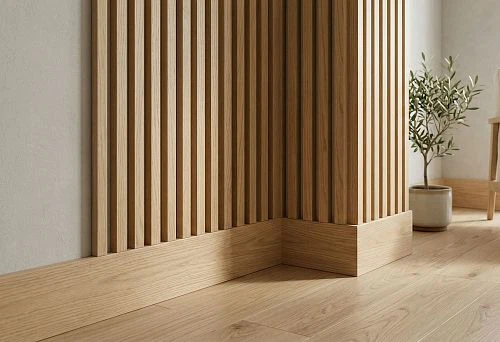 Slat panels and wooden baseboard in modern interior