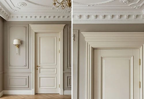 Polyurethane molding and wooden architrave in a neoclassical interior