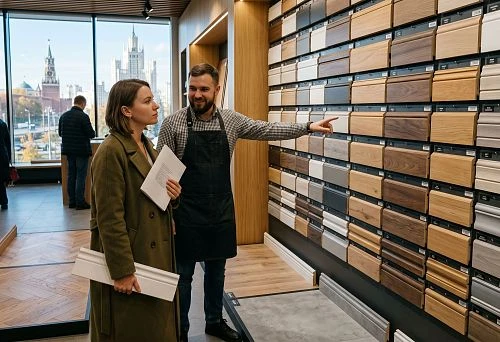 Floor skirting board in Moscow at the finishing materials showroom