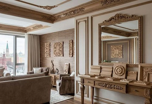 Decorative wooden elements in the interior of a Moscow apartment