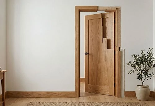 Trim for an interior door with wooden casings, frame, and extensions in a light interior