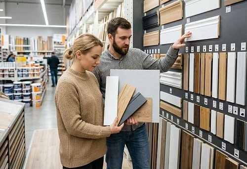 Customers choose floor skirting boards for the floor in a finishing materials store