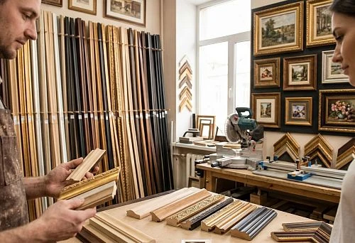 Selection of wooden picture frame molding and trim for frames in the workshop