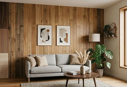 A wall paneled with wood, in a living room interior combining smooth, slatted, and decorative finishes