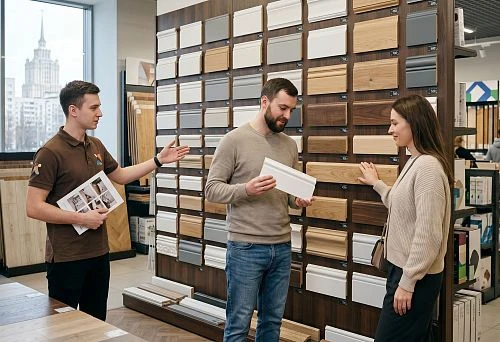 MDF floor skirting board in Moscow at the finishing materials showroom