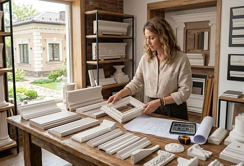 Selection of polyurethane facade decor in a showroom with moldings, cornices, and stucco for the home