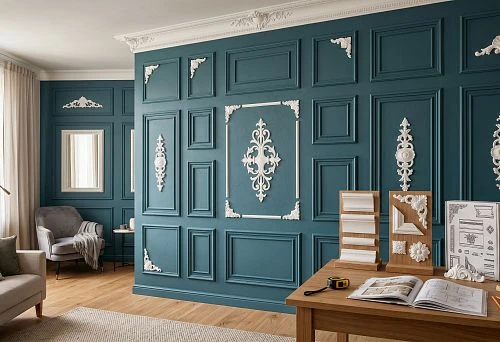 Polyurethane accent wall with STAVROS moldings and stucco decor