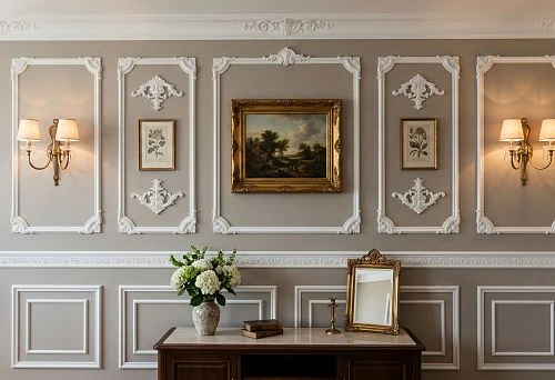 Stucco decor and wall sconces on the wall with polyurethane moldings